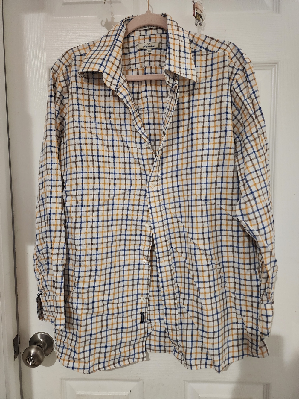 Faconnable White Plaid Shirt with Blue & Gold Checks